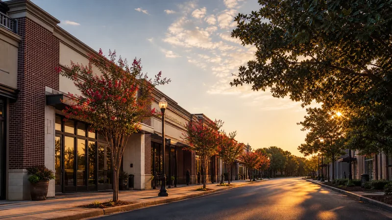 Suburban commercial street with brick storefronts and magnolia trees, Clinton MS Business License