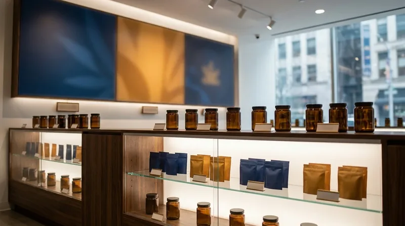 Minimal retail shelf of jars and pouches, Mississippi Hemp, CBD and Delta-8 Law